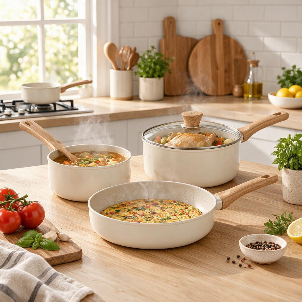 Cream Cookware Set with Glass Lids — kitchen setting