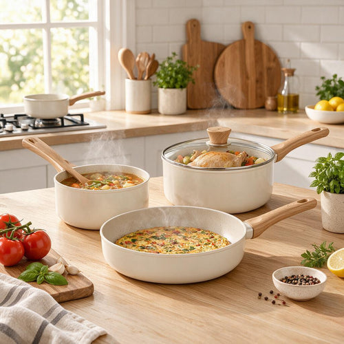 Cream Cookware Set with Glass Lids — kitchen setting