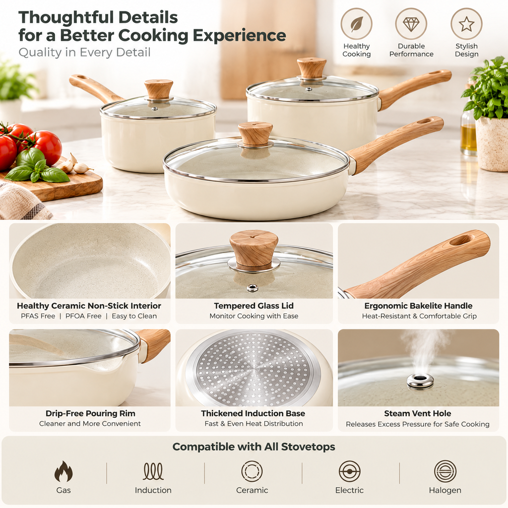 Cream Cookware Set with Glass Lids — product detail