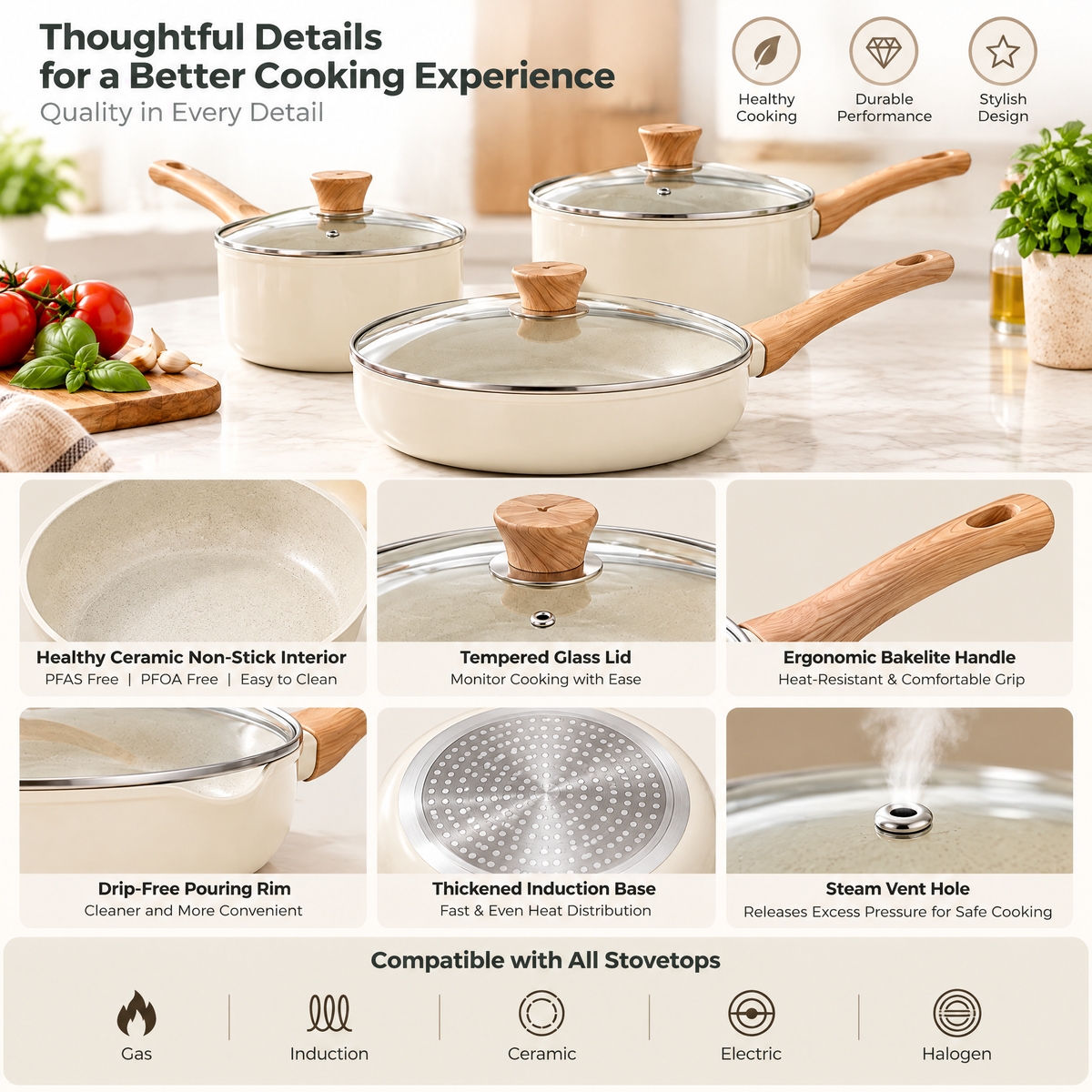 Cream Cookware Set with Glass Lids — product detail