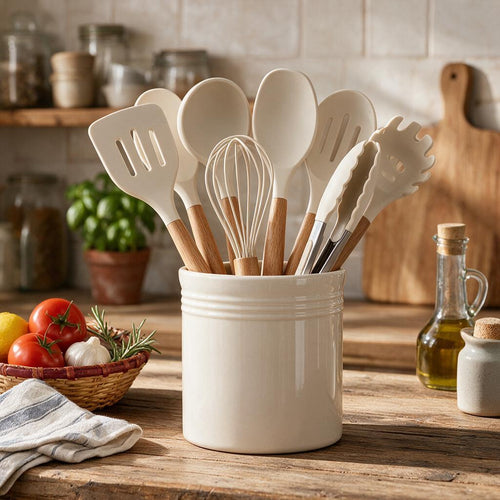 Cream Utensil Set with Crock — kitchen setting